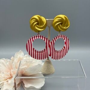 VINTAGE- Gold and Red Striped Hoop Earrings